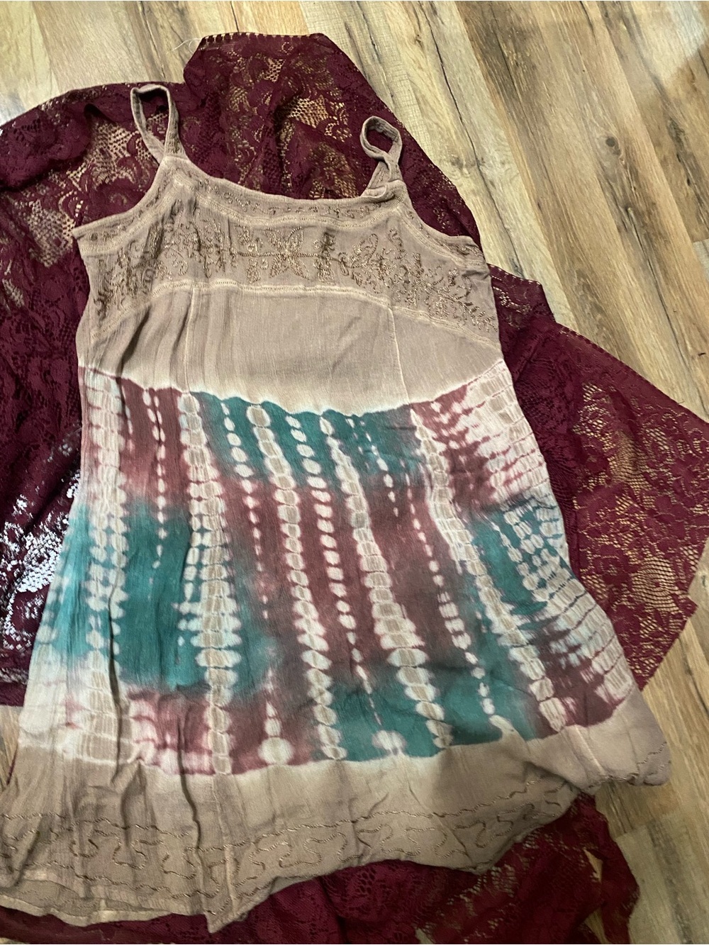 Vintage Women’s Tie-Dye Spaghetti Strap dress in Taupe, Teal & Burgundy